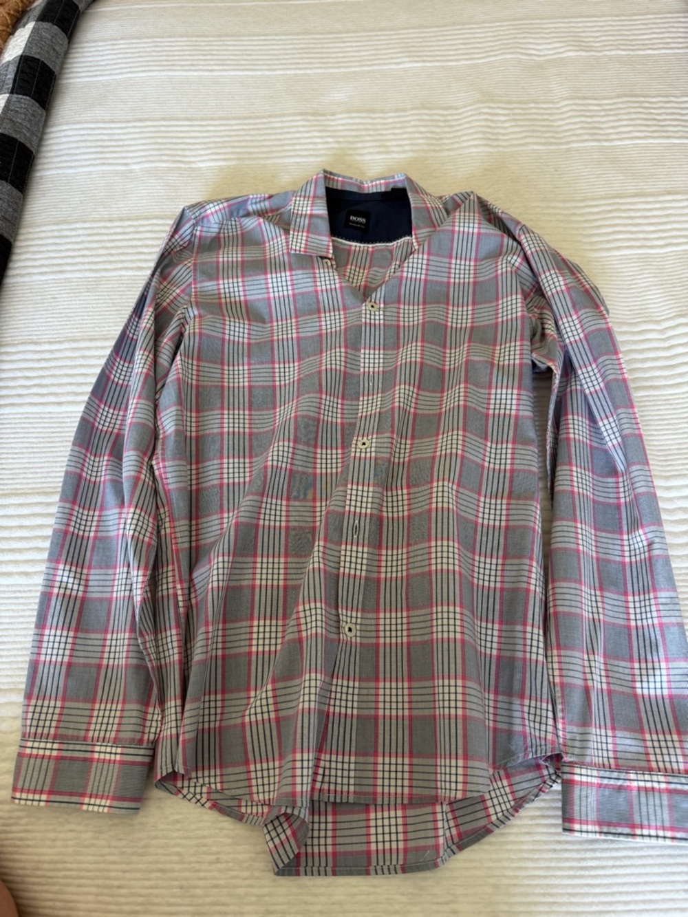 Boss Men's Pink and Blue Plaid Button-Down Shirt